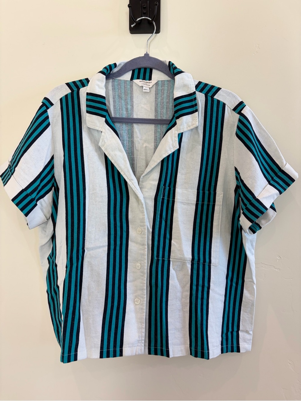 Banana Republic Teal, Black & White Striped Linen-Blend Shirt